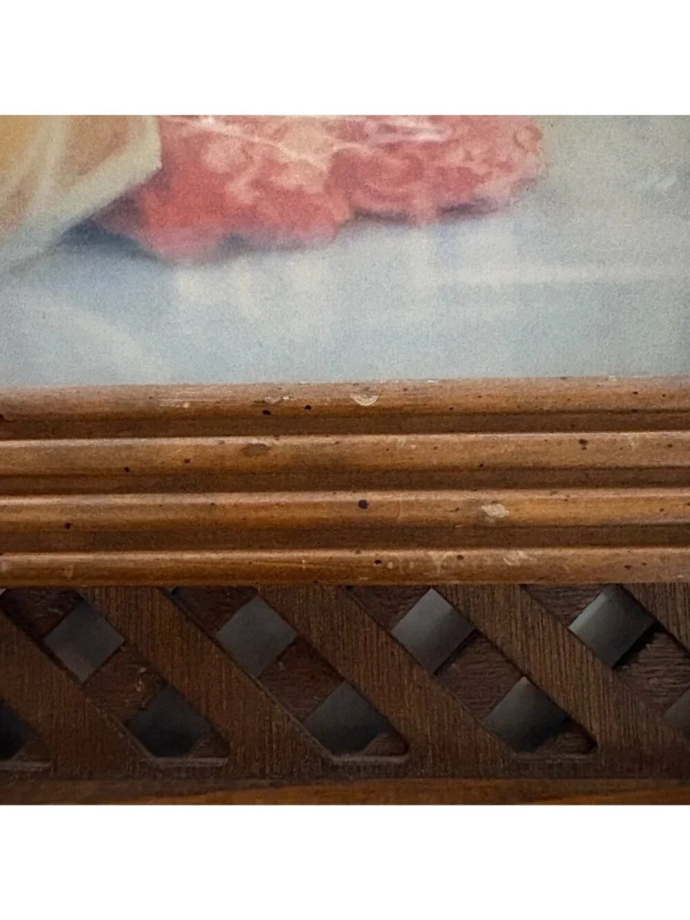 Vintage Praying Child Bird Print Wood Lattice Frame Religious Spring Wall Art